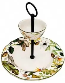 Borneo Black Two Tier Cake Stand with Bowl, 1 set
